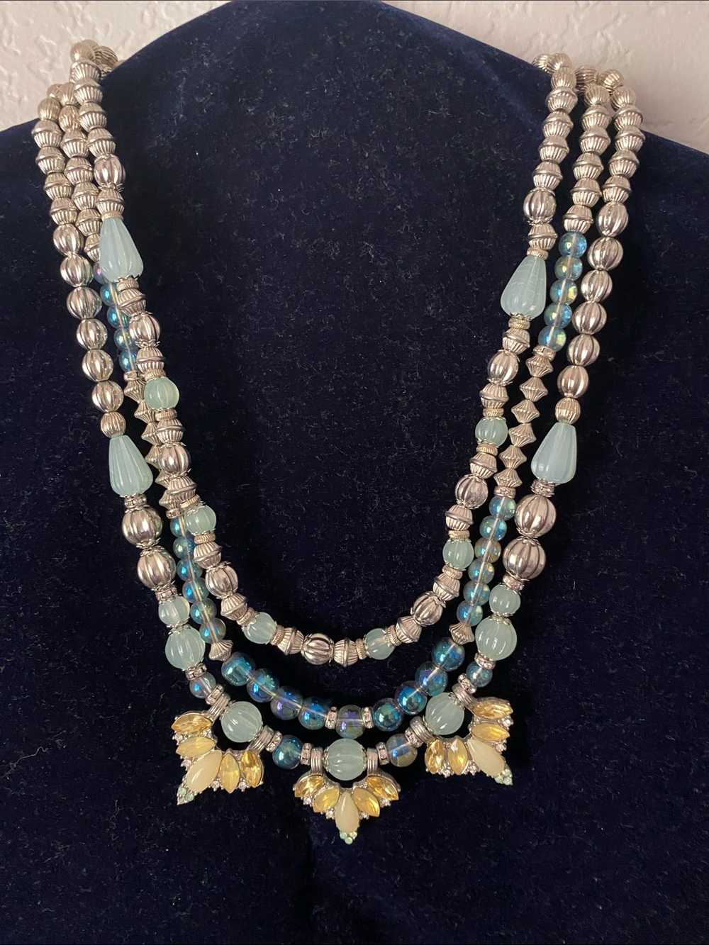 Multi-Strand Blue and Yellow Beaded Statement Necklace